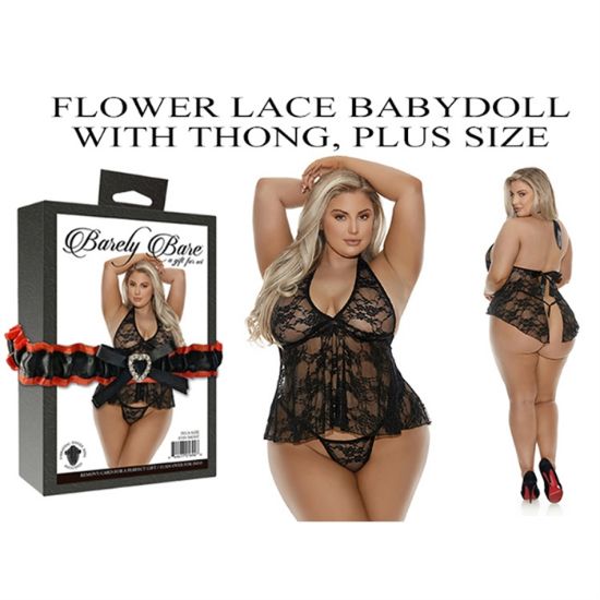Image de FLOWER LACE BABYDOLL WITH THONG, PLUS SIZE